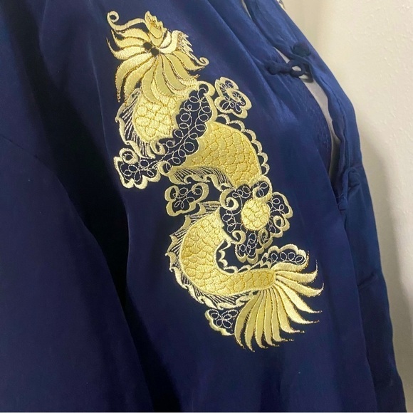 Vintage 100% Silk Mandarin Collar Dragon Embroidered Navy Jacket XXL NWT Unisex - Picture 6 of 9